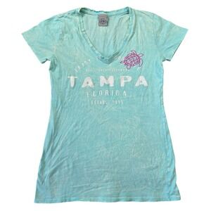EMI Tampa Florida Sea Turtle Graphic V-Neck Tee Turquoise Acid Wash Medium Beach